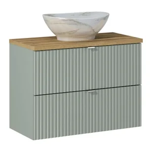 Ensemble ELVINA 80cm: meubel onder wastafel met lades in groen + werkblad voor wastafel in donker houtlook + opzetwastafel in gemarmerd design Ensemble ELVINA 80cm: meubel onder wastafel met lades in groen + werkblad voor wastafel in donker houtlook + opzetwastafel in gemarmerd design