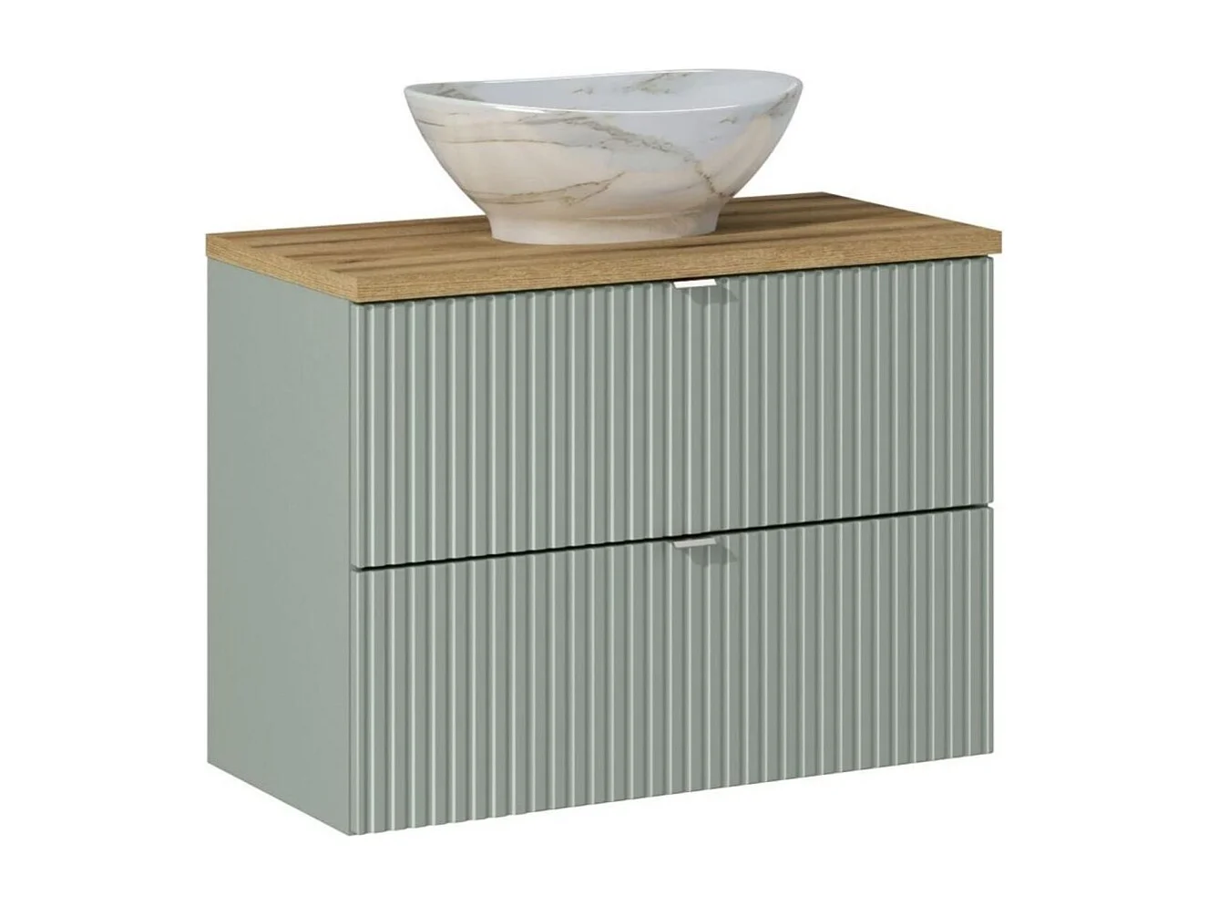 Ensemble ELVINA 80cm: meubel onder wastafel met lades in groen + werkblad voor wastafel in donker houtlook + opzetwastafel in gemarmerd design