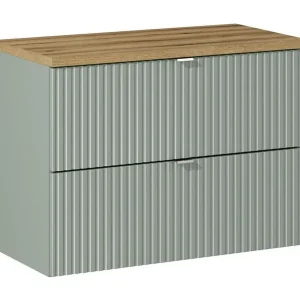 ELVINA set 80cm: onderkast met lades in grijs saliegroen + blad voor wastafel in donker houtlook