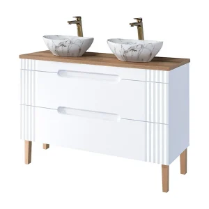 FIDJI set: meubel onder wastafel 120cm + plan voor wastafel + 2 asymmetrische opbouwwastafels marmerlook + poten FIDJI set: meubel onder wastafel 120cm + plan voor wastafel + 2 asymmetrische opbouwwastafels marmerlook + poten