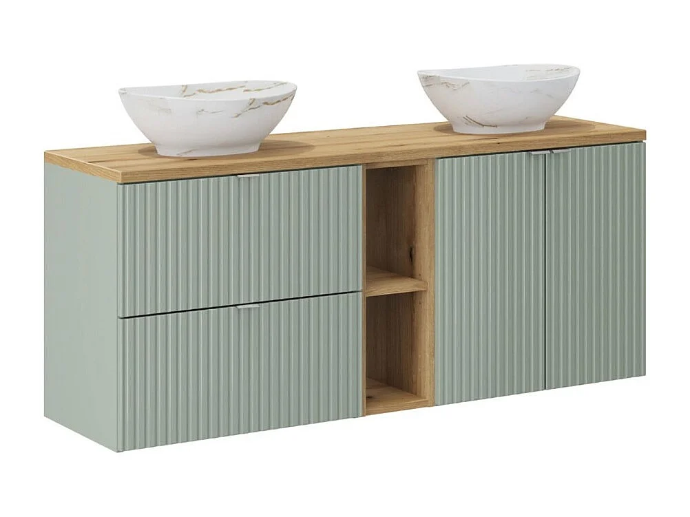 ELVINA set 140cm:meubels onder wastafel met zichtbare nissen met laden en kasten + blad voor wastafel + twee opzetwastafels