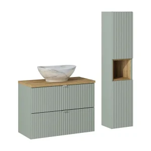 ELVINA 110cm: onderkast met groene laden + blad voor wasbak + marmeren opzetwasbak + kolom