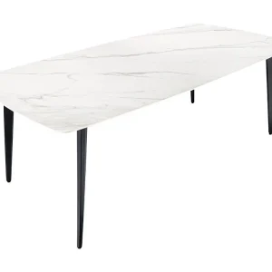 Eettafel HEXA 160 cm – Blad in wit marmer effect keramiek en zwart metalen structuur