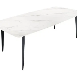 Eettafel HEXA 180 cm – Blad in wit marmer effect keramiek en zwart metalen structuur