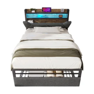Eenpersoonsbed kinderbed 90x200cm met metalen frame en 1 lade – USB en LED opberghoofdeinde – grijs linnen (zonder matras)