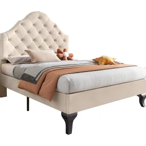 Eenpersoons kinderbed 90×200 cm met lattenbodem – in hoogte verstelbaar hoofdeinde – houten bedframe – beige fluweel (zonder matras) Eenpersoons kinderbed 90×200 cm met lattenbodem – in hoogte verstelbaar hoofdeinde – houten bedframe – beige fluweel (zonder matras)