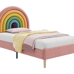 Eenpersoonsbed kinderbed 90×200 cm met lattenbodem – in hoogte verstelbaar hoofdeinde – hout – roze fluweel (zonder matras) Eenpersoonsbed kinderbed 90×200 cm met lattenbodem – in hoogte verstelbaar hoofdeinde – hout – roze fluweel (zonder matras)