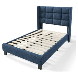 Eenpersoonsbed kinderbed 90x200cm met lattenbodem – gestoffeerd hoofdbord – houten bedframe – blauw linnen (zonder matras)