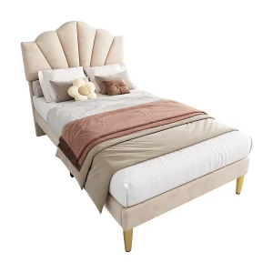 Eenpersoonsbed kinderbed 90×200 cm met lattenbodem – in hoogte verstelbaar hoofdeinde en metalen poten – hout – beige fluweel (zonder matras) Eenpersoonsbed kinderbed 90×200 cm met lattenbodem – in hoogte verstelbaar hoofdeinde en metalen poten – hout – beige fluweel (zonder matras)