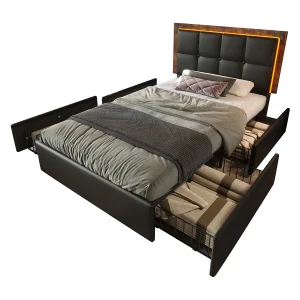 Eenpersoons kinderbed 90x200cm met lattenbodem en 4 lades – verstelbaar hoofdbord met LED – kunstleer – zwart (zonder matras) Eenpersoons kinderbed 90x200cm met lattenbodem en 4 lades – verstelbaar hoofdbord met LED – kunstleer – zwart (zonder matras)