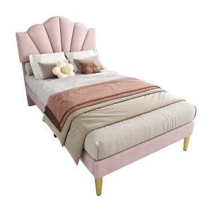 Eenpersoonsbed kinderbed 90×200 cm met lattenbodem – in hoogte verstelbaar hoofdeinde en metalen poten – hout – roze fluweel (zonder matras)
