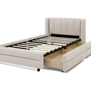 Eenpersoonsbed 90x200cm met opbergvak aan de zijkant en USB-oplaadpoort, zachte beige stof, voor kinderen en volwassenen (matras niet inbegrepen)