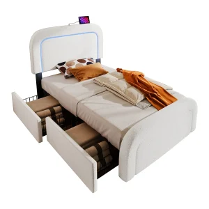 Eenpersoonsbed kinderbed 90x200cm met lattenbodem en 2 lades – verstelbaar hoofdeinde met USB en LED – sherpa – wit (zonder matras)