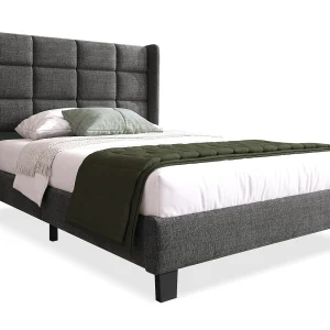 Eenpersoonsbed kinderbed 90x200cm met lattenbodem – gestoffeerd hoofdbord – houten bedframe – grijs linnen (zonder matras)