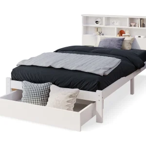 Eenpersoonsbed 90x200cm met lattenbodem – opberghoofdeinde met 1 lade – hout – wit (zonder matras) Eenpersoonsbed 90x200cm met lattenbodem – opberghoofdeinde met 1 lade – hout – wit (zonder matras)
