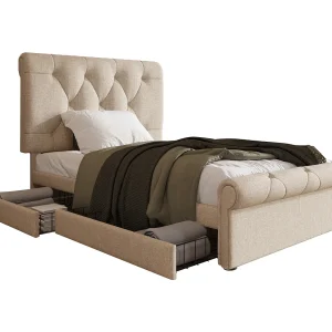 Eenpersoonsbed kinderbed 90x200cm met lattenbodem – in hoogte verstelbaar hoofdbord en 2 lades – hout – naturel (zonder matras)