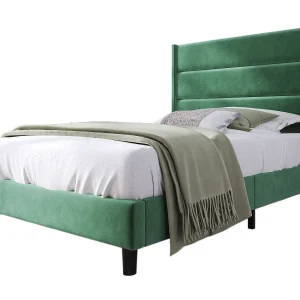 Eenpersoonsbed kinderbed 90x200cm met lattenbodem – gestoffeerd hoofdbord – houten bedframe – groen fluweel (zonder matras)