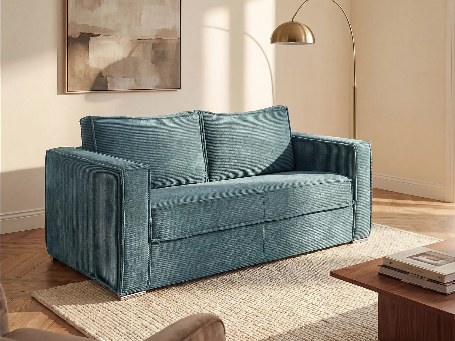 Express-driezitsslaapbank van beige ribfluweel LORETO
