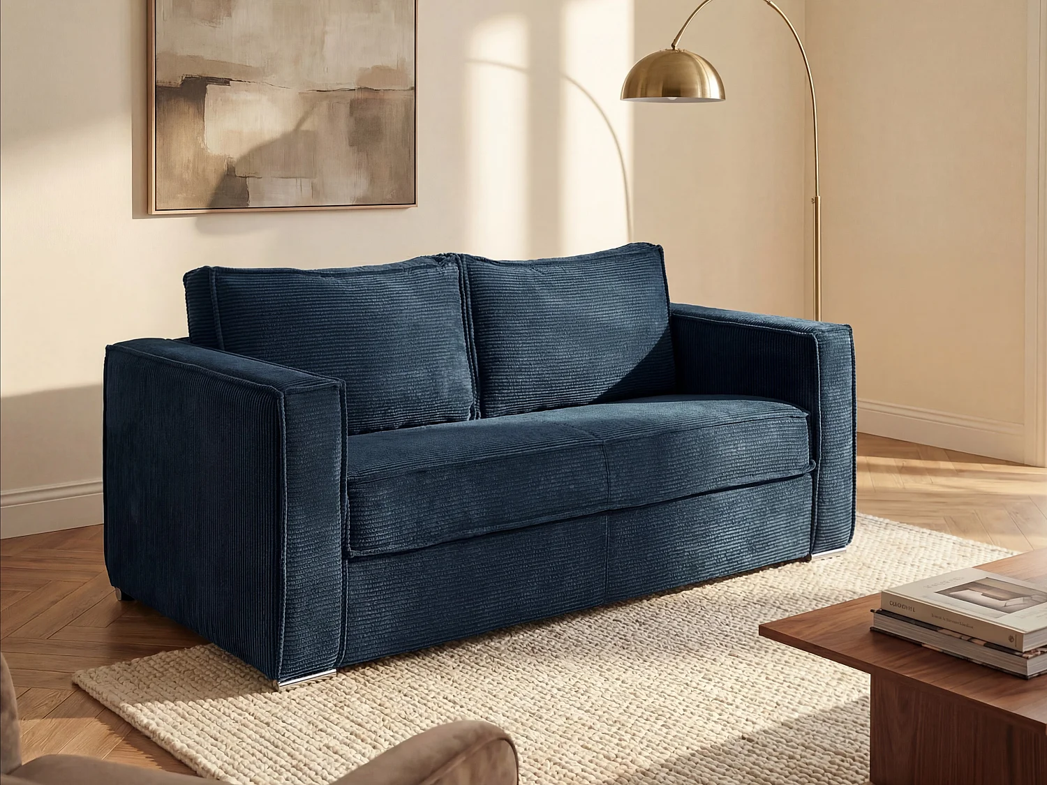 Express-vierzitsslaapbank van beige ribfluweel LORETO