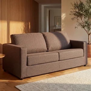 Express-slaapbank van bruine stof, bed 140 cm, matras 14 cm DONETO