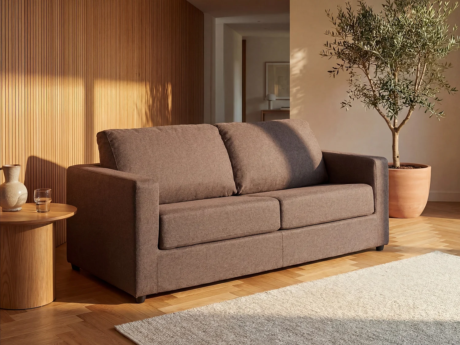 Express-slaapbank van bruine stof, bed 140 cm, matras 14 cm DONETO