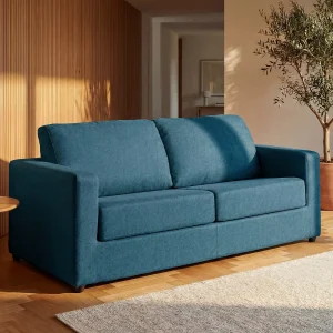 Express-slaapbank van blauwe stof, bed 140 cm, matras 14 cm DONETO