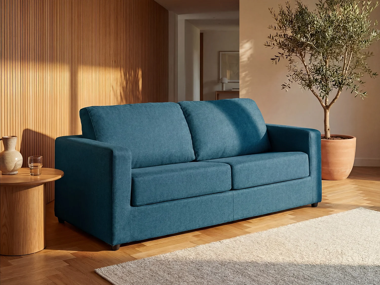 Express-slaapbank van blauwe stof, bed 140 cm, matras 14 cm DONETO