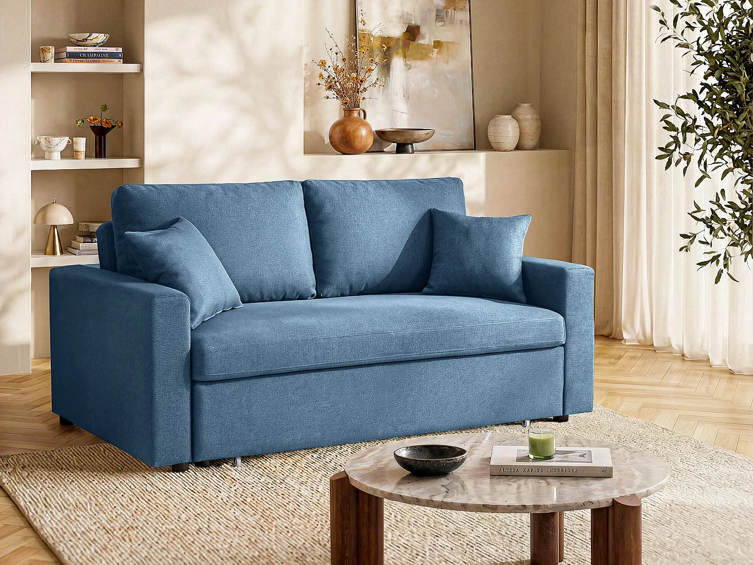 Driezits bedbank van stof INIZOR - Kleur: Turquoise