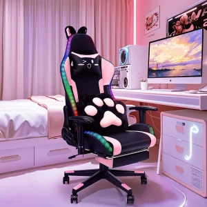 Gamingstoel met luidsprekers, video en RGB-licht, ergonomische racestoel, PU-leren relaxfauteuil, lendensteun (voetensteun, led, luidsprekers, roze) Gamingstoel met luidsprekers, video en RGB-licht, ergonomische racestoel, PU-leren relaxfauteuil, lendensteun (voetensteun, led, luidsprekers, roze)