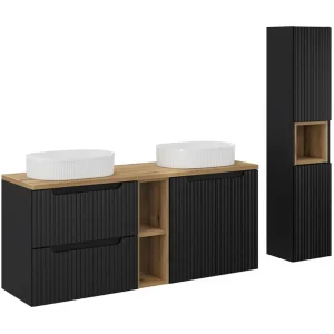Ensemble VANO 170cm : meubles sous lavabo avec niches visibles à tiroirs et placards + deux lavabos à poser rainurés + colonne Ensemble VANO 170cm : meubles sous lavabo avec niches visibles à tiroirs et placards + deux lavabos à poser rainurés + colonne