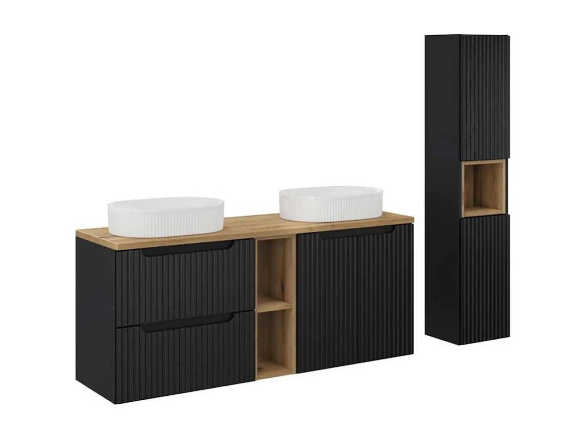 Ensemble VANO 170cm : meubles sous lavabo avec niches visibles à tiroirs et placards + deux lavabos à poser rainurés + colonne