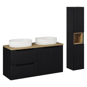 Ensemble VANO 150cm : meubels onder wastafel met laden en kasten + plan voor wastafel + twee geribbelde opzetwastafels + kolom Ensemble VANO 150cm : meubels onder wastafel met laden en kasten + plan voor wastafel + twee geribbelde opzetwastafels + kolom