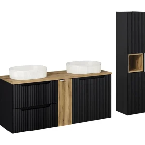 Ensemble VANO 170cm : meubles sous vasque avec niches à tiroirs et placards + deux vasques à poser rainurées + colonne Ensemble VANO 170cm : meubles sous vasque avec niches à tiroirs et placards + deux vasques à poser rainurées + colonne