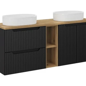 Ensemble VANO 140cm: meubles sous vasque avec niches visibles à tiroirs et placards + deux vasques à poser rainurées Ensemble VANO 140cm: meubles sous vasque avec niches visibles à tiroirs et placards + deux vasques à poser rainurées