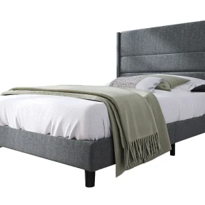 Eenpersoonsbed kinderbed 90x200cm met lattenbodem – gestoffeerd hoofdbord – houten bedframe – grijs linnen (zonder matras)