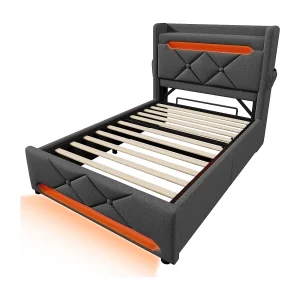 Eenpersoonsbed kinderbed 90x200cm met lattenbodem – opberghoofdeinde met USB en LED – grijs linnen (zonder matras)