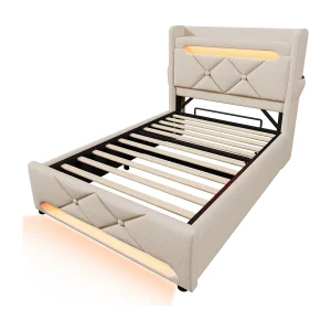 Eenpersoonsbed kinderbed 90x200cm met lattenbodem – opberghoofdeinde met USB en LED – beige linnen (zonder matras)