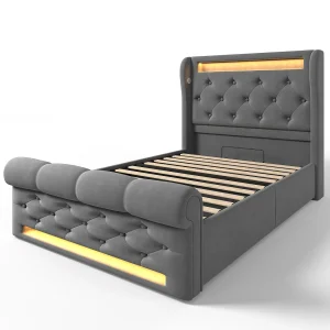 Eenpersoonsbed kinderbed 90x200cm met lattenbodem – gewatteerd hoofdbord met USB en type-c – grijs fluweel (zonder matras)