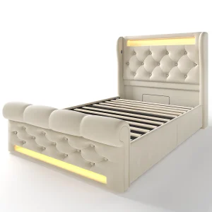 Eenpersoonsbed kinderbed 90x200cm met lattenbodem – gewatteerd hoofdbord met USB en LED – beige fluweel (zonder matras)