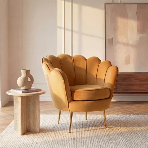 Fauteuil van fluweel DANDELION – Mosterdgeel gouden poten Fauteuil van fluweel DANDELION – Mosterdgeel gouden poten