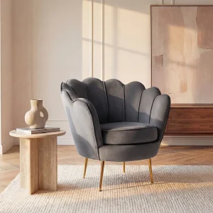 Fauteuil van fluweel DANDELION – Antraciet met gouden poten Fauteuil van fluweel DANDELION – Antraciet met gouden poten