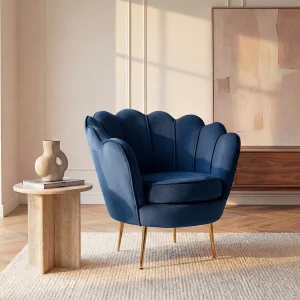 Fauteuil van fluweel DANDELION – Donkerblauw gouden poten Fauteuil van fluweel DANDELION – Donkerblauw gouden poten