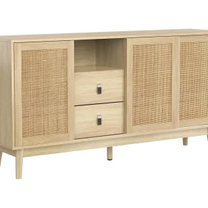 Dressoir met 3 deuren en 2 laden – rotan schuifdeur – houten opbergmeubel – houtkleur (155x38x80 cm)