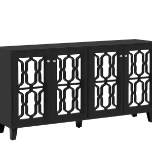 Eetkamer dressoir met 4 spiegeldeuren – kristallen handgrepen en verstelbare planken – hout – zwart (160x40x84cm)