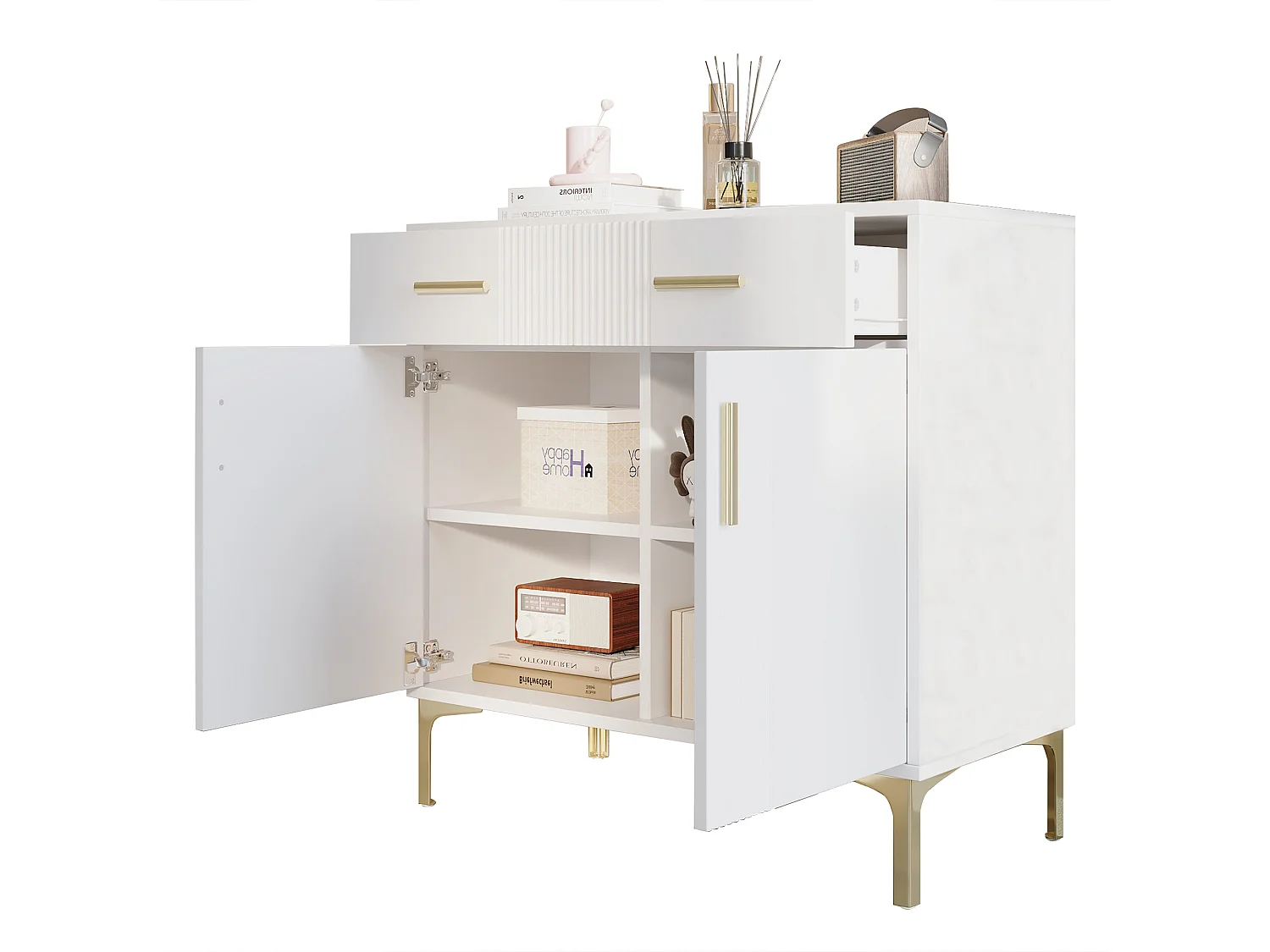 Dressoir 80x35x79,5 cm met lades en opbergkasten, spaanplaat in wit, voor woonkamer