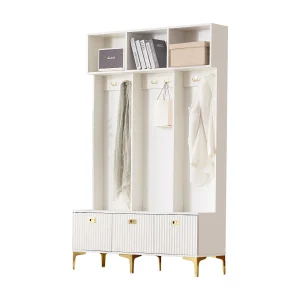 Entreemeubelset 120x40x191,5 met bank en haken, spaanplaat in wit, voor woonkamer en hal