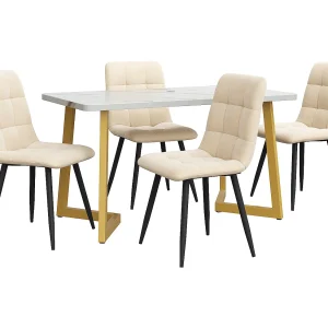 Rechthoekige eettafelset met 4 stoelen, compact ontwerp, marmerlook, MDF, beige Rechthoekige eettafelset met 4 stoelen, compact ontwerp, marmerlook, MDF, beige