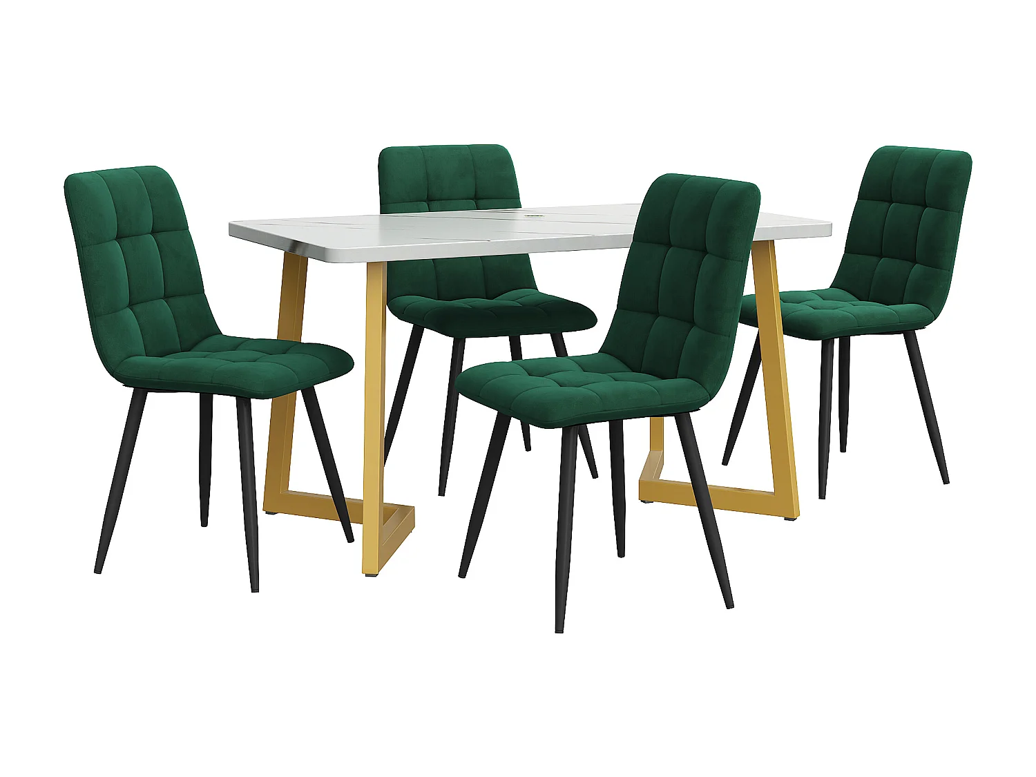 Rechthoekige eettafelset met 4 stoelen, compact, decoratieve gewatteerde bekleding, MDF, groen