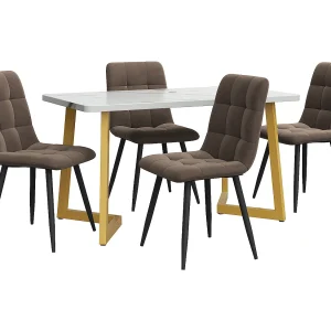 Rechthoekige eettafelset 117x68x75 cm met 4 stoelen, gevoerde zitting, metalen poten, MDF, bruin Rechthoekige eettafelset 117x68x75 cm met 4 stoelen, gevoerde zitting, metalen poten, MDF, bruin