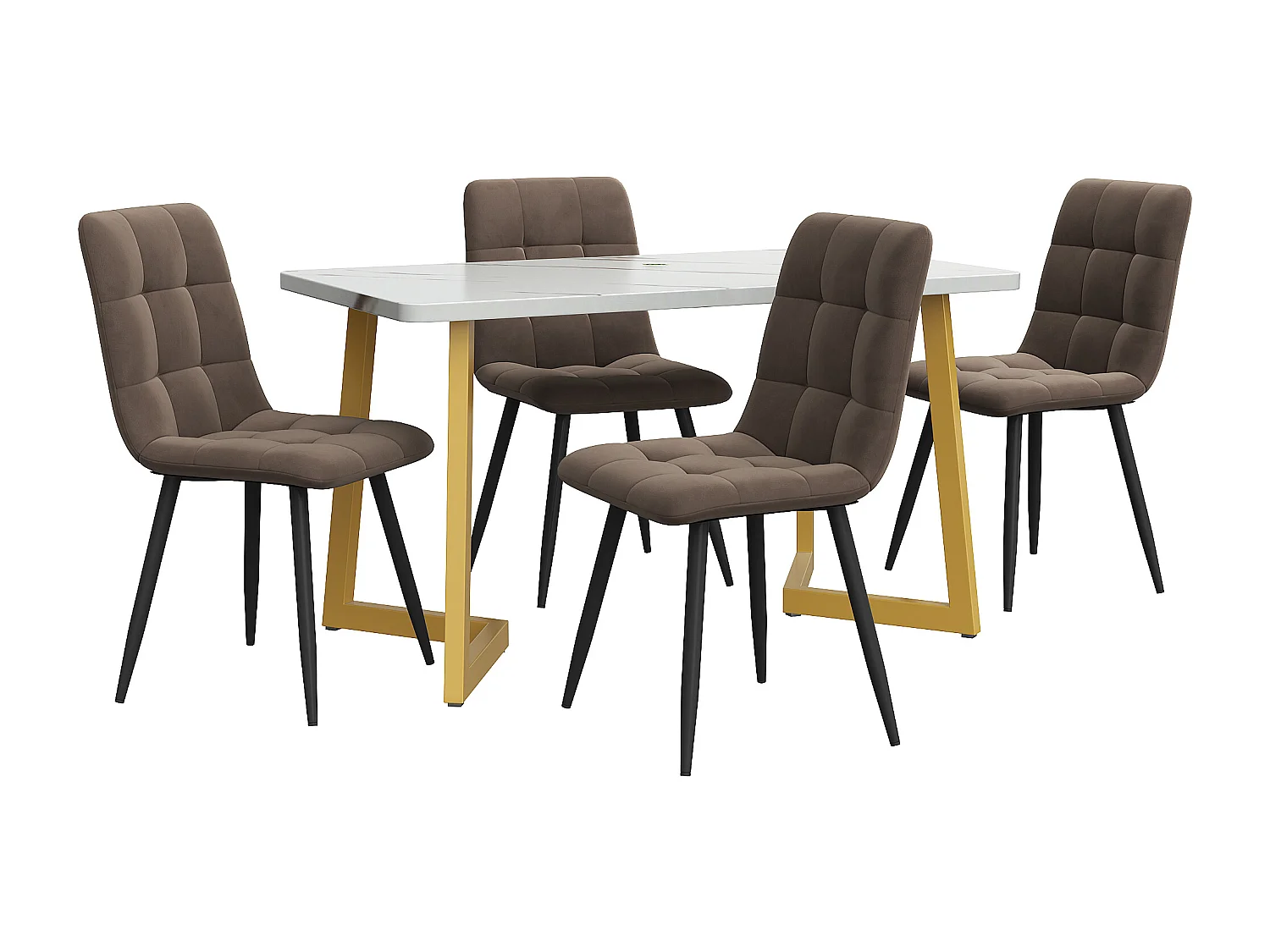 Rechthoekige eettafelset 117x68x75 cm met 4 stoelen, gevoerde zitting, metalen poten, MDF, bruin